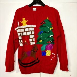 Vintage 90s Red Graphic Knit Embellished Ugly Christmas Sweater